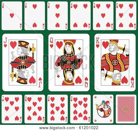 Playing cards heart suit, joker and back. Faces double sized. Green background in a separate level in vector file