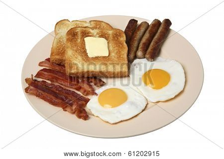 Breakfast still life with bacon, fried eggs, sausage, and buttered toast on plate with white background