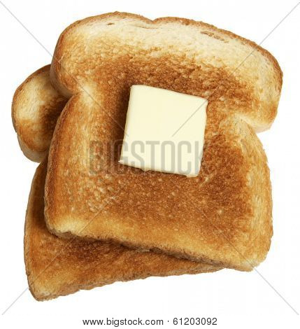 Two piece of buttered toast on white background