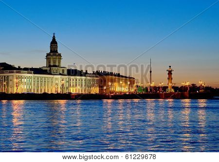 White nights (natural phenomenon). View of the Neva river and Curiosity Chamber. St.Petersburg, Russia.