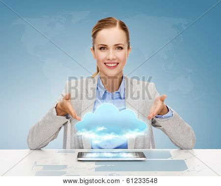 business, technology, internet and office concept - smiling businesswoman with tablet pc computer and cloud projection