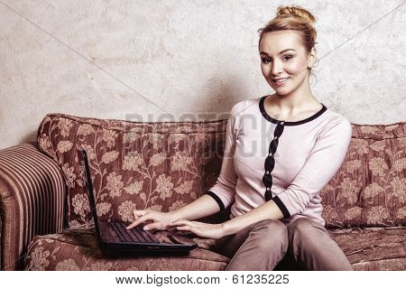 Business Woman Using Computer. Internet Home Technology. Vintage Photo.