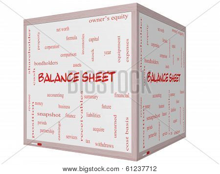 Balance Sheet Word Cloud Concept On A 3D Cube Whiteboard