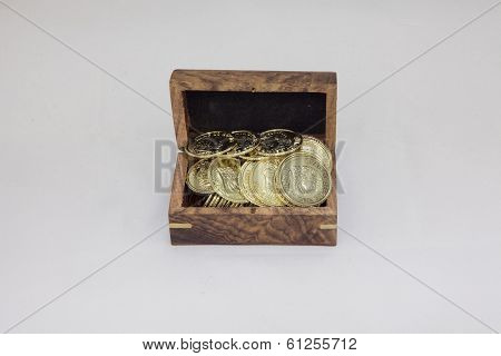 Small Wooden Box Filled With Gold Coins