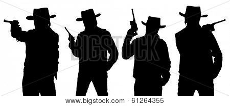 Silhouettes of cowboy with a gun in a stetson isolated on white. 
