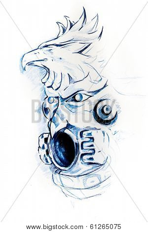 Handmade tattoo sketch over white paper