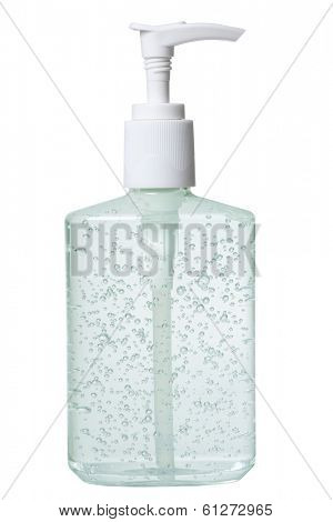 antibacterial soap in dispenser on white 