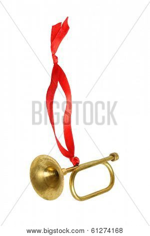 Golden trumpet ornament, cutout, isolated on white background