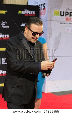 LOS ANGELES - MAR 11:  Ricky Gervais at the premiere of Disney's 'Muppets Most Wanted' at the El Capitan Theater on March 11, 2014 in Los Angeles, California