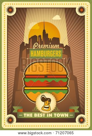 Retro hamburger poster design. Vector illustration.