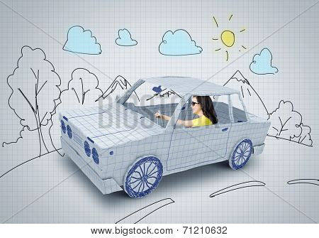 Young woman riding car made of list of paper