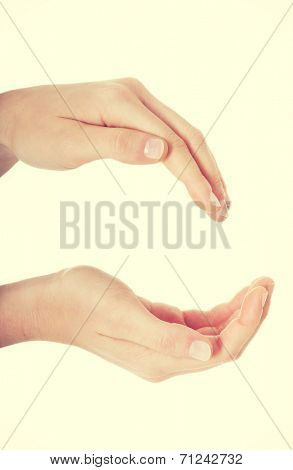 Female's hands in a roung shape. Isolated on white.
