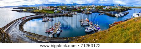 Town of Stykkisholmur and the harbor in western Iceland