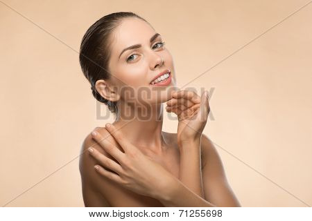 Portrait of girl holding hands near her face with clean and  fre