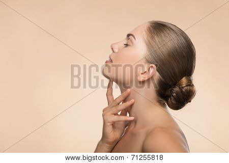 Portrait of girl holding hands near her face with clean and  fre