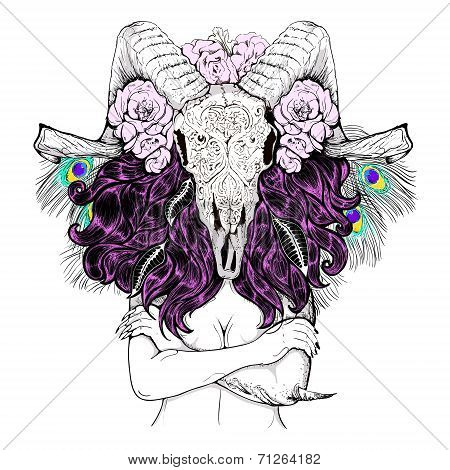 Beautiful woman with long hair and horns