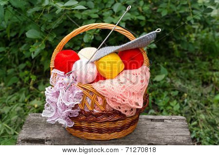 Basket Of Yarn And Knitting Needles