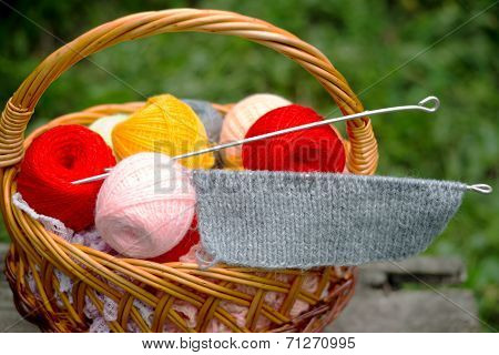 Basket Of Yarn And Knitting Needles