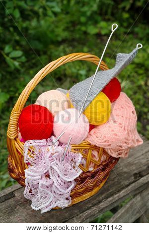 Basket Of Yarn And Knitting Needles