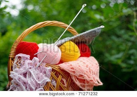 Basket Of Yarn And Knitting Needles