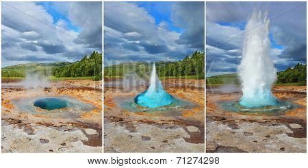 Three phases of the eruption of the geyser Strokkur in Iceland. A pillar of hot water and steam to power vyravaetsya of land. Collage - a card