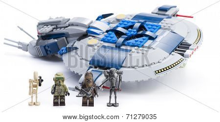 Ankara, Turkey - April 24, 2014: Lego Star Wars 75042 Droid Gunship with minifigures isolated on white background.