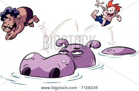 kids jumping on hippo