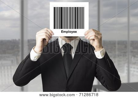 Businessman Hiding Face Behind Sign Barcode Employee