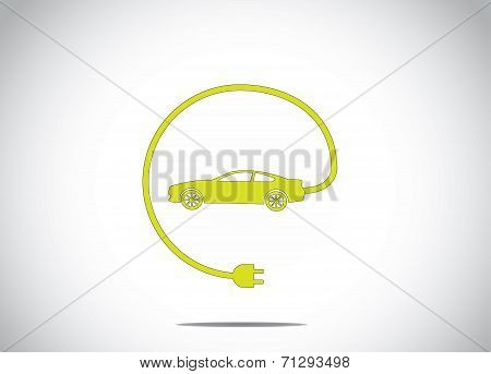 Colorful Electric Hybrid Car With Charger Plug Connected Concept Icon Symbol. Green Colored Car