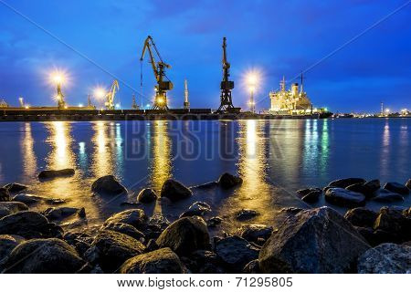 View Of The Loading In The Sea Port Of St. Petersburg, With Night Illumination August 10, 2014