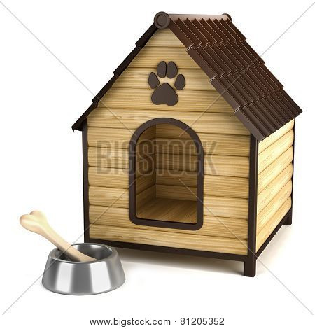 Kennel. Doghouse And Bone In Bowl