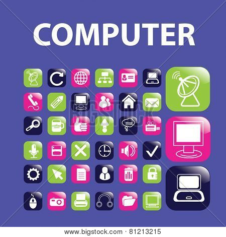computer, notebook, sattelite, media, glossy buttons, icons, signs, illustrations set, vector