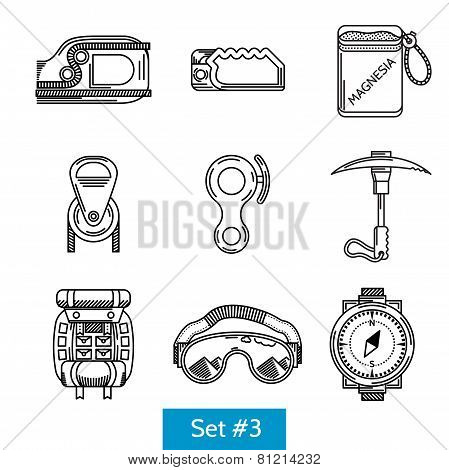 Black vector icons for rock climbing equipment