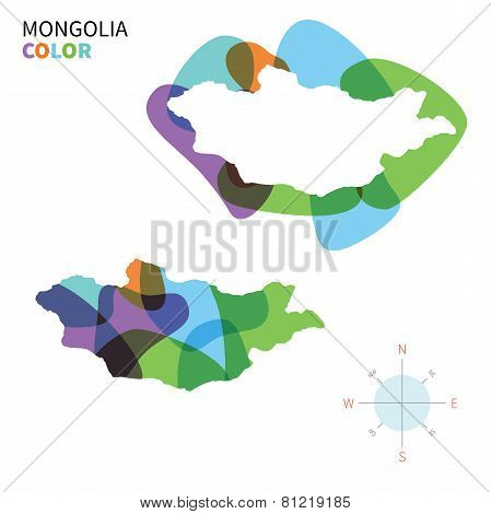 Abstract vector color map of Mongolia with transparent paint effect.