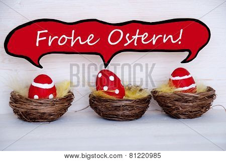 Three Red Easter Eggs With Comic Speech Balloon Frohe Ostern Means Happy Easter