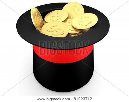 Gold Dollar Coins Inside A Magician's Hat