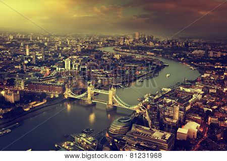 London aerial view with  Tower Bridge in sunset time