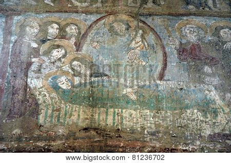 Ancient Fresco, Murals In Malancrav Church. Transylvania, Romania