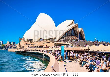 SYDNEY, AUSTRALIA - DECEMBER 21, 2014: The Iconic Sydney Opera House is a multi-venue performing arts centre also containing bars and outdoor restaurants. December 21, 2014 in Sydney, Australia.