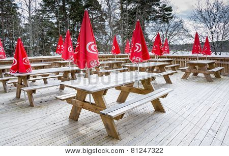 Red Parasols With Icecream Logos