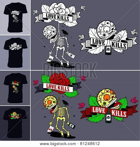 Skeletons. T-shirt. Love Kills.