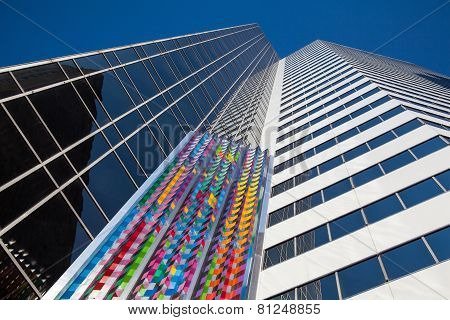 Art Sculpture On The Wall Of A Skyscraper In Chicago, Usa