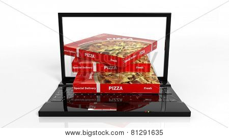 Online pizza delivery concept with laptop and pizza boxes