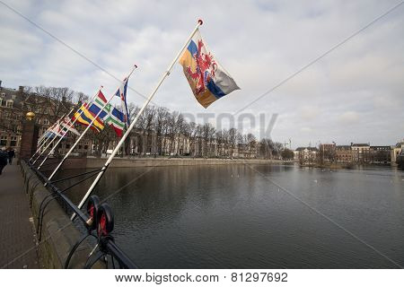 Flags Hofvijver in the hague Netherlands