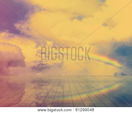 blue sky and miror floor, cloudy background, retro film filtered, instagram style 