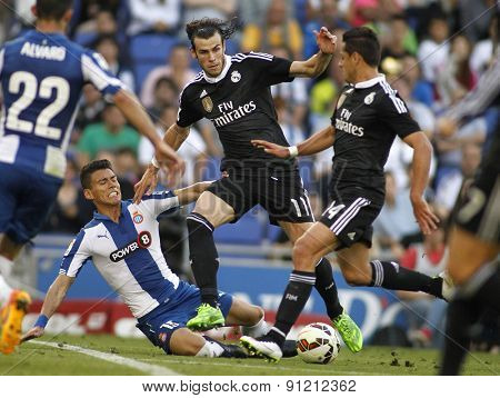 BARCELONA - MAY, 17: Gareth Bale of Real Madrid of during a Spanish League match against RCD Espanyol at the Power8 stadium on Maig 17 2015 in Barcelona Spain