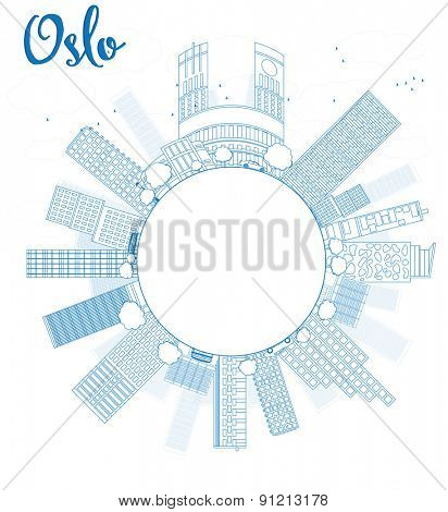 Outline Oslo Skyline with Blue Building and copy space