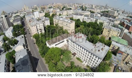 Aerial view of cityscape with traffic on Povarskaya street.