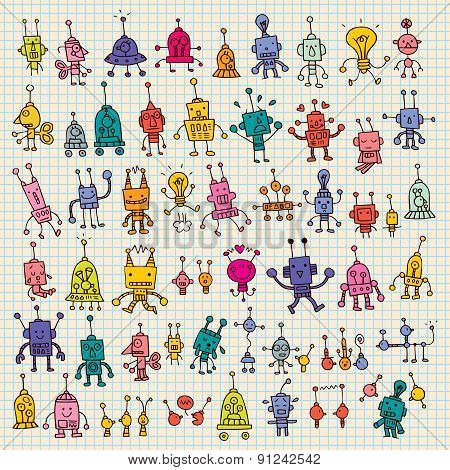 cute cartoon robots set