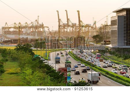 Singapore, Singapore - January 18, 2013. Road Traffic Near Gardens Of The Bay And Port.